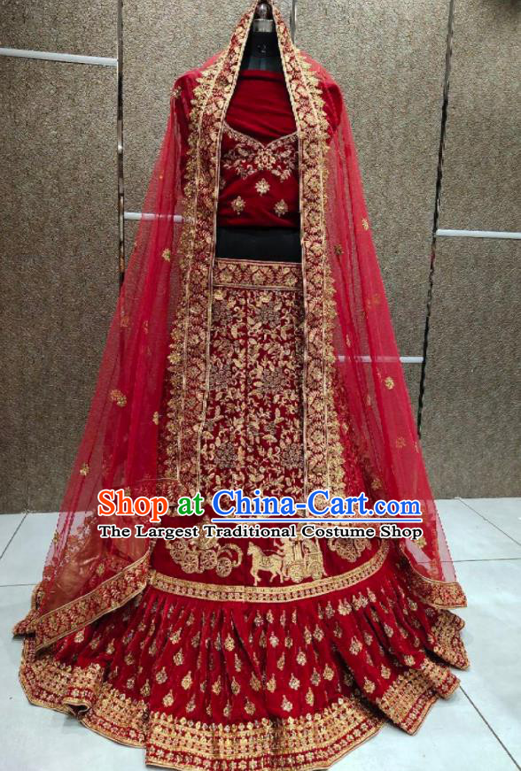 Top India Wedding Clothing Indian Traditional Bride Lengha Garment Embroidered Red Velvet Dress Outfit