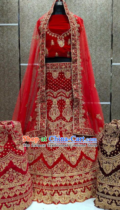 Top India Wedding Clothing Indian Traditional Bride Lengha Garment Embroidered Red Velvet Dress Outfit