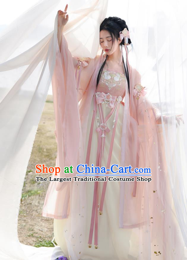 Chinese Traditional Hanfu Hezi Skirt Clothing Ancient Young Beauty Pink Dresses Tang Dynasty Princess Costumes