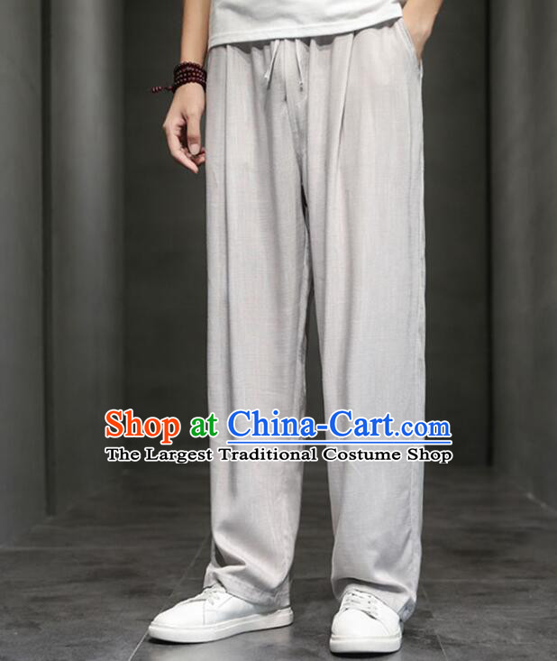 Chinese Top Linen Kung Fu Pants Martial Arts Training Grey Pants Shaolin Wushu Loose Pants Tai Chi Straight Leg Trousers for Men