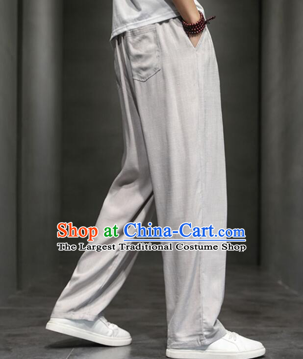 Chinese Top Linen Kung Fu Pants Martial Arts Training Grey Pants Shaolin Wushu Loose Pants Tai Chi Straight Leg Trousers for Men