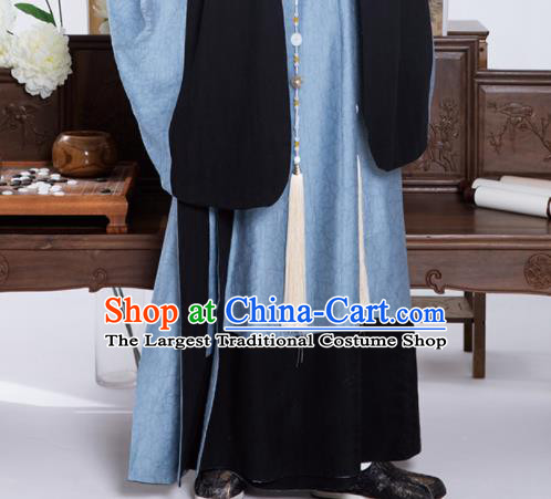 Chinese Traditional Blue Hanfu Robe Ming Dynasty Scholar Garment Costumes Ancient Taoist Clothing