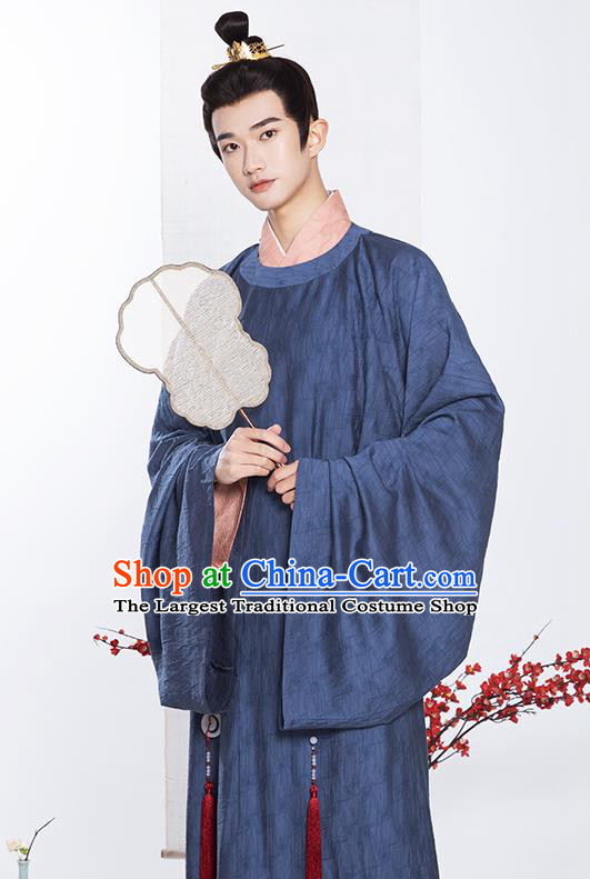 Chinese Ancient Noble Childe Clothing Traditional Blue Hanfu Robe Song Dynasty Scholar Garment Costumes