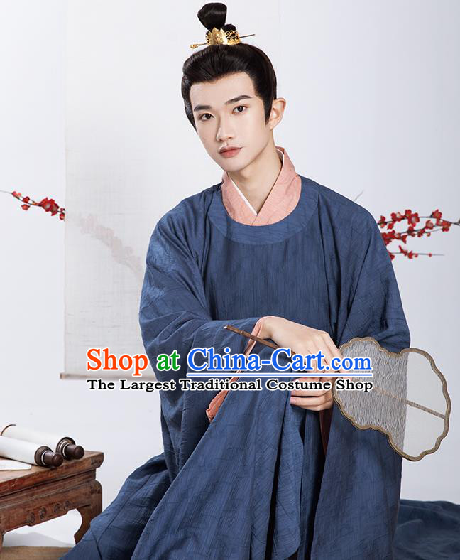 Chinese Ancient Noble Childe Clothing Traditional Blue Hanfu Robe Song Dynasty Scholar Garment Costumes