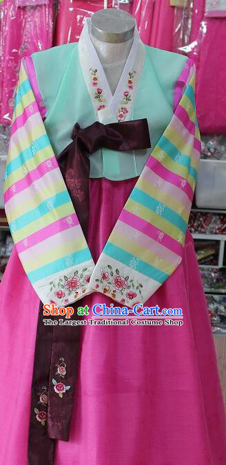 Korean Stripes Hanbok Bride Green Blouse and Megenta Dress Korea Festival Garment Costumes Traditional Clothing