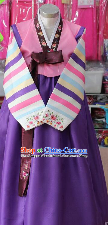 Korean Traditional Clothing Stripes Hanbok Bride Pink Blouse and Purple Dress Korea Festival Garment Costumes