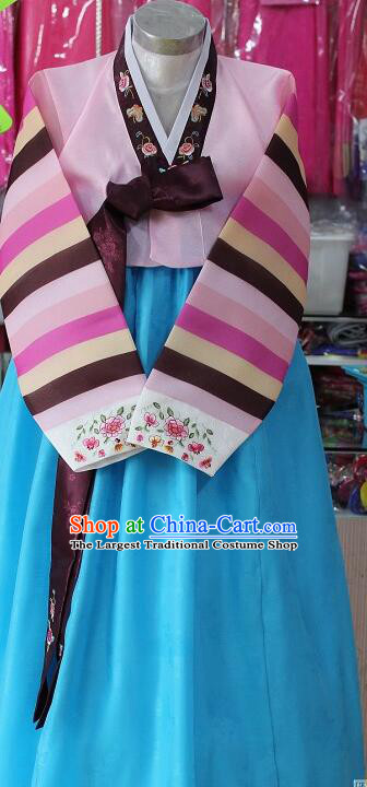 Korea Bride Pink Blouse and Blue Dress Festival Garment Costumes Korean Traditional Clothing Stripes Hanbok