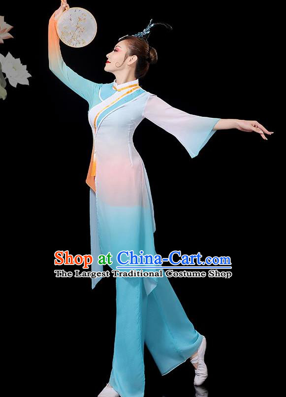 Chinese Classical Dance Clothing Fan Dance Costumes Women Solo Dance Blue Outfit