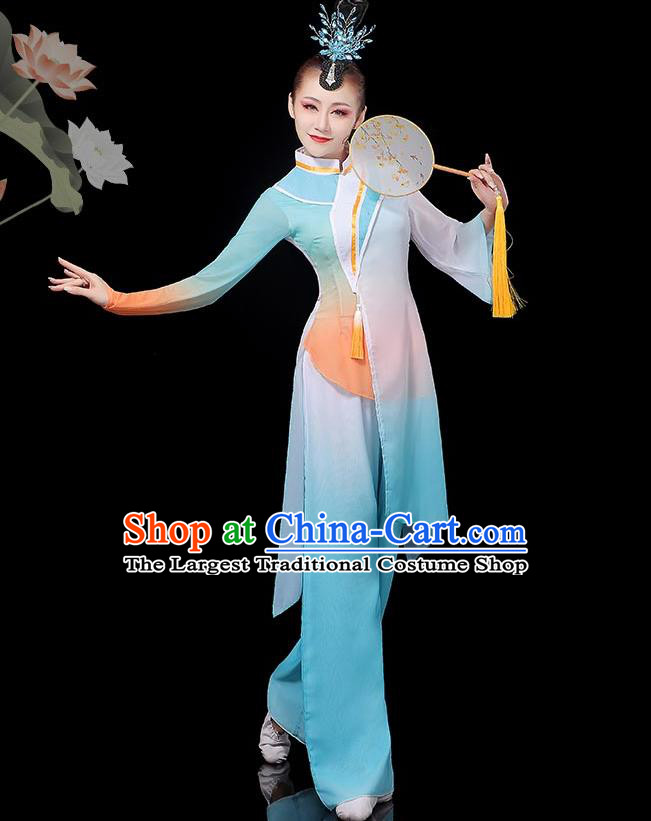 Chinese Classical Dance Clothing Fan Dance Costumes Women Solo Dance Blue Outfit
