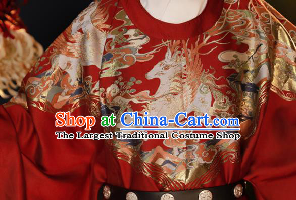 Chinese Ming Dynasty Garment Costumes Ancient Queen Clothing Traditional Hanfu Red Brocade Robe for Women