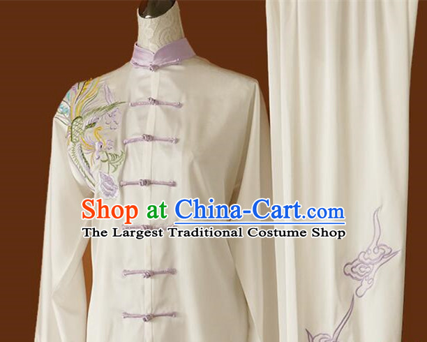 Chinese Martial Arts Costumes Women Tai Chi Training White Uniform Top Embroidered Phoenix Top Blouse and Pants Complete Set