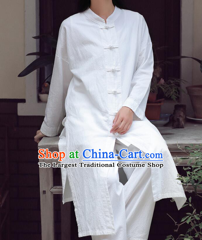 Top Women Tai Chi Training White Linen Jacket Chinese Wing Chun Outer Garment Traditional Martial Arts Costume