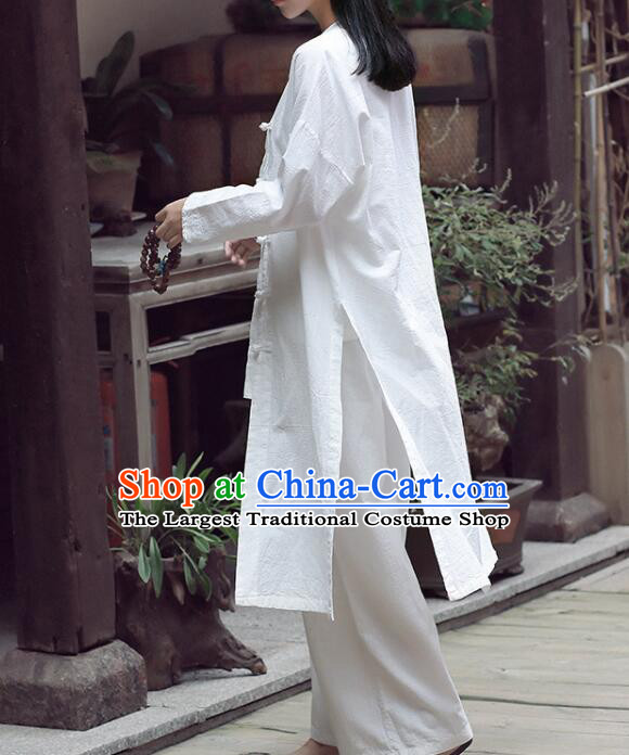 Top Women Tai Chi Training White Linen Jacket Chinese Wing Chun Outer Garment Traditional Martial Arts Costume