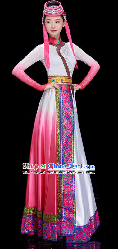 China Ethnic Costumes Mongol Nationality Dance Pink Dress Stage Performance Clothing Mongolian Women Garments