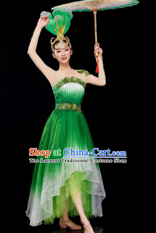 Chinese Modern Dance Clothing Women Group Dance Garment Opening Dance Costume Stage Performance Green Dress and Headpiece