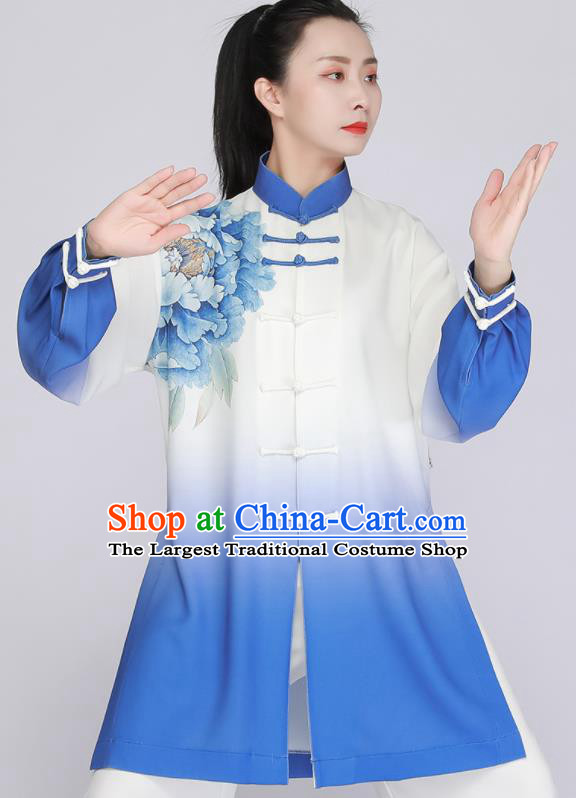 Top Tai Chi Outfit Chinese Kung Fu Costumes Tai Ji Training Blue Uniform Printing Peony Clothing
