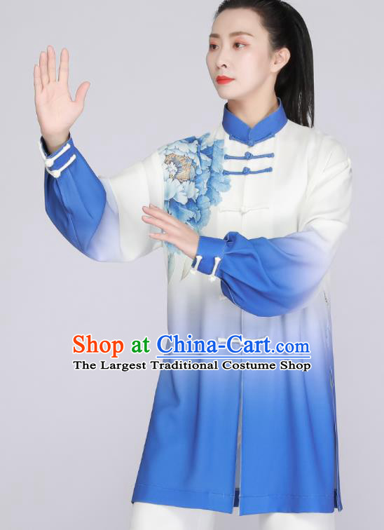 Top Tai Chi Outfit Chinese Kung Fu Costumes Tai Ji Training Blue Uniform Printing Peony Clothing