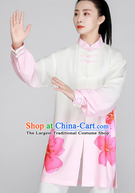 Top Printing Peach Blossom Clothing Tai Chi Outfit Chinese Kung Fu Costumes Tai Ji Training White Uniform