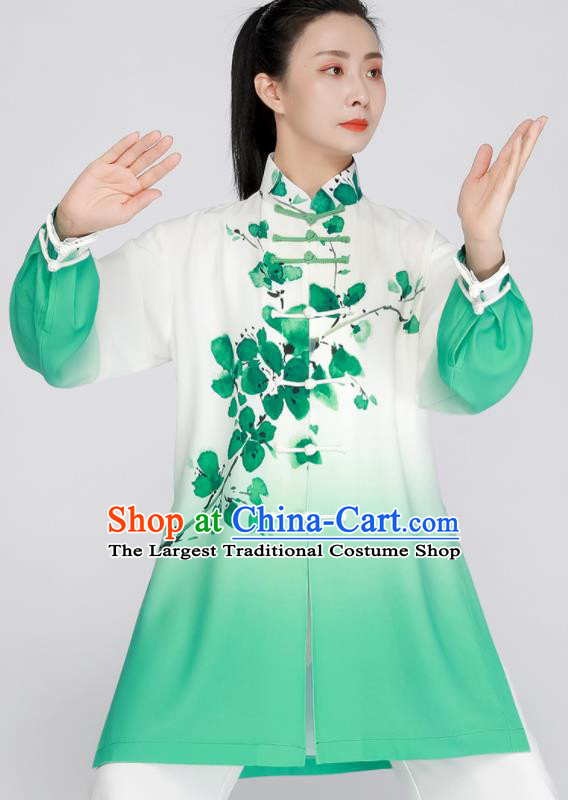 Chinese Tai Chi Training Outfit Kung Fu Costumes Tai Ji Competition Uniform Printing Peach Blossom Gradient Green Outfit