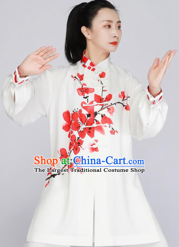 Chinese Printing Red Peach Blossom Outfit Tai Chi Training Outfit Kung Fu Costumes Tai Ji Competition White Uniform
