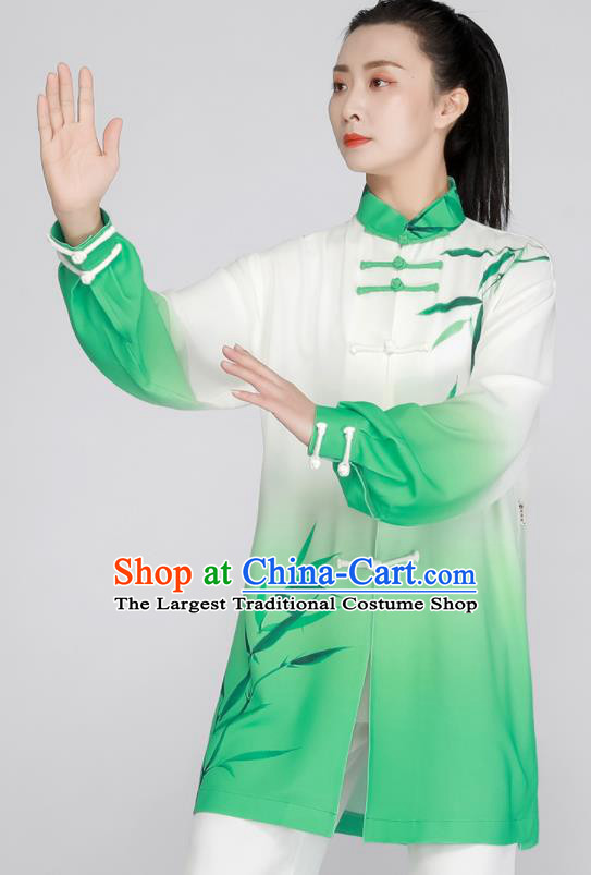 Chinese Kung Fu Costumes Tai Ji Competition Green Uniform Printing Bamboo Leaf Outfit Tai Chi Training Outfit