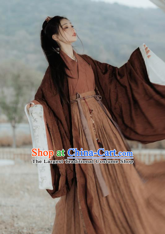 Chinese Jin Dynasty Historical Costumes Traditional Brown Hanfu Clothing Ancient Swordsman Garments