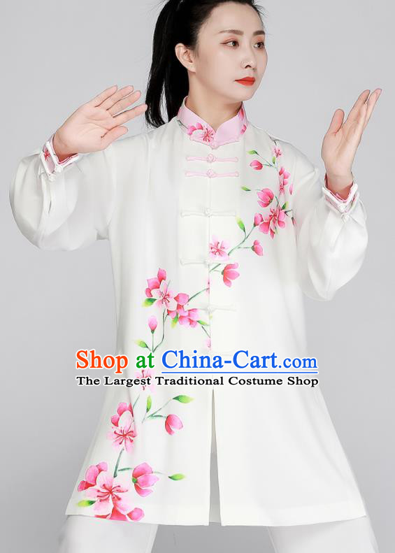 Chinese Printing Peach Blossom Clothing Tai Chi White Outfit Kung Fu Costumes Top Tai Ji Training Uniform