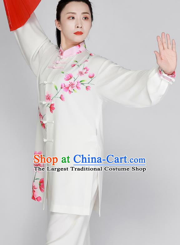 Chinese Printing Peach Blossom Clothing Tai Chi White Outfit Kung Fu Costumes Top Tai Ji Training Uniform