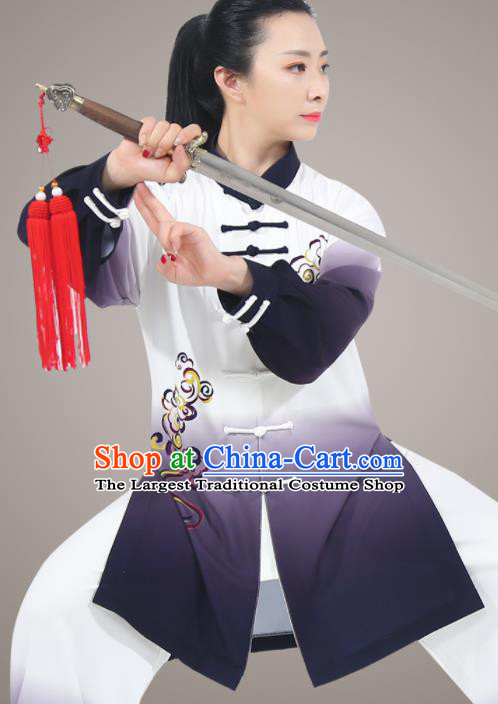 Chinese Traditional Kung Fu Costumes Top Tai Ji Training Uniform Martial Arts Competition Clothing Tai Chi Printing Clouds Navy Outfit