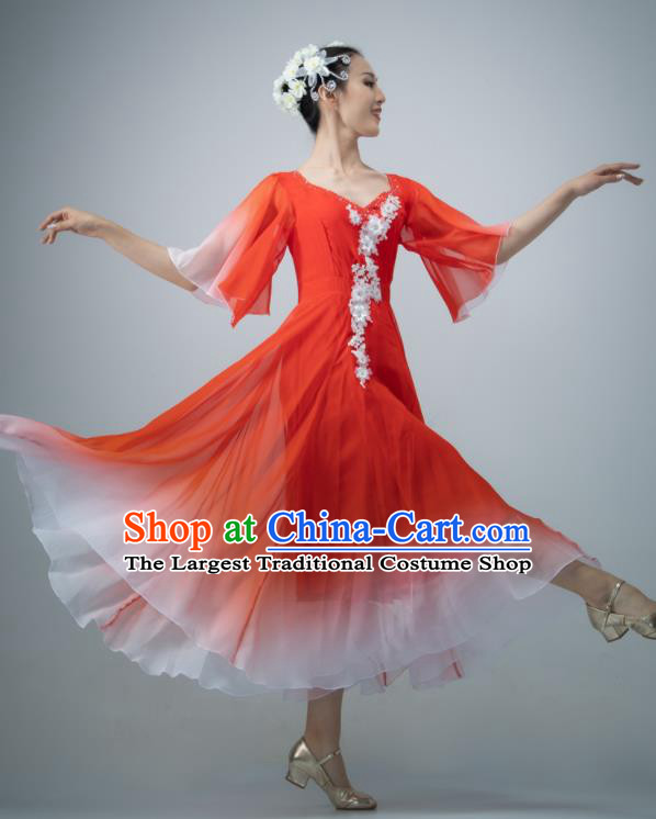 Chinese Opening Dance Clothing Women Group Dance Garment Chorus Performance Costume Modern Dance Red Chiffon Dress