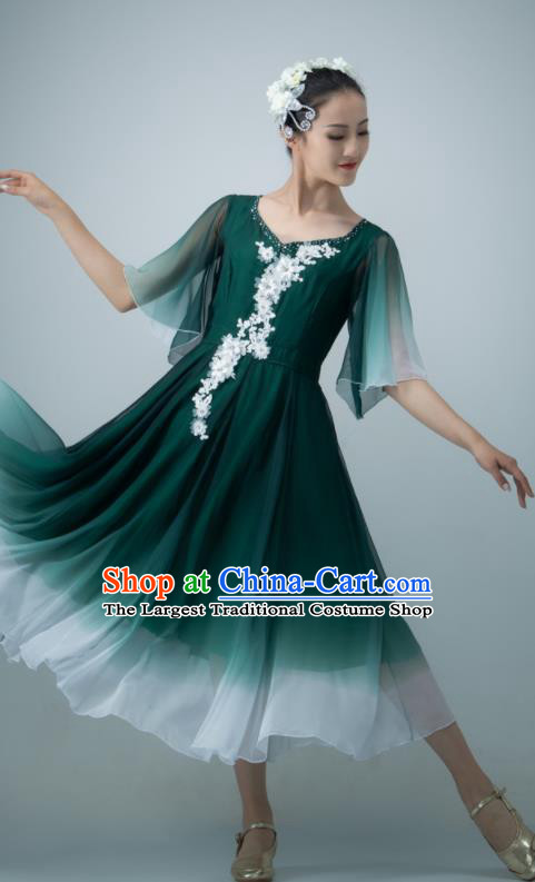 Chinese Modern Dance Dark Green Chiffon Dress Opening Dance Clothing Women Group Dance Garment Chorus Performance Costume