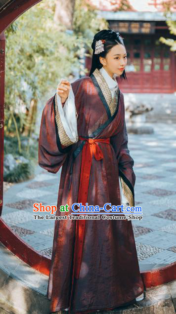 Chinese Traditional Hanfu Yarn Garment Straight Front Robe Clothing Ancient Palace Lady Dress Garments Han Dynasty Princess Historical Costumes