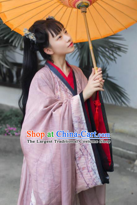 Chinese Ancient Young Lady Dress Garments Han Dynasty Princess Historical Costumes Traditional Hanfu Pink Straight Front Robe Clothing