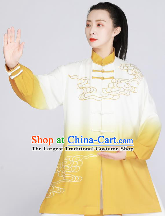 Chinese Printing Clouds Outfit Tai Chi Training Outfit Traditional Kung Fu Costumes Tai Ji Competition Yellow Uniform