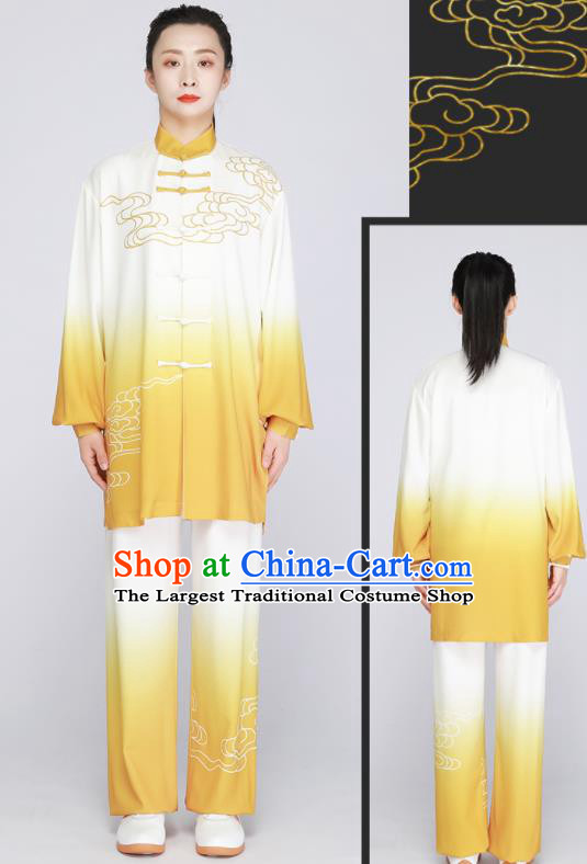 Chinese Printing Clouds Outfit Tai Chi Training Outfit Traditional Kung Fu Costumes Tai Ji Competition Yellow Uniform