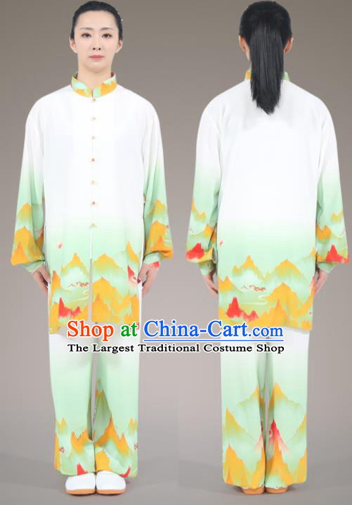 Chinese Tai Ji Competition Light Green Uniform Printing Landscape Outfit Tai Chi Training Outfit Traditional Kung Fu Costumes