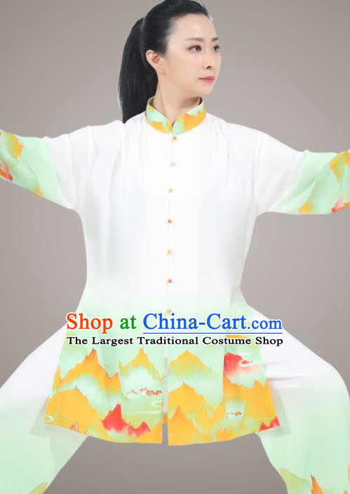 Chinese Tai Ji Competition Light Green Uniform Printing Landscape Outfit Tai Chi Training Outfit Traditional Kung Fu Costumes