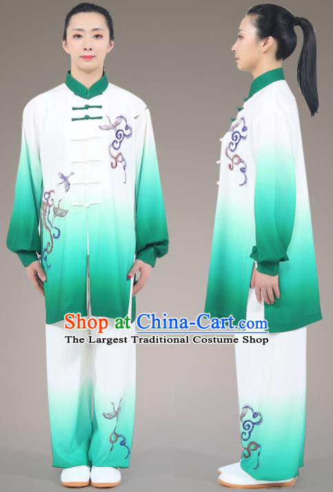 Top Kung Fu Costumes Chinese Tai Ji Training Uniform Martial Arts Competition Clothing Tai Chi Printing Crane Green Outfit