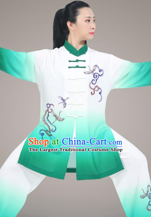 Top Kung Fu Costumes Chinese Tai Ji Training Uniform Martial Arts Competition Clothing Tai Chi Printing Crane Green Outfit