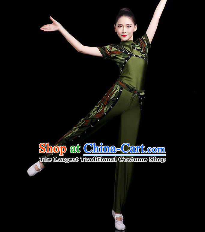 Chinese Female Soldier Dance Costume Modern Dance Green Suit Stage Performance Clothing