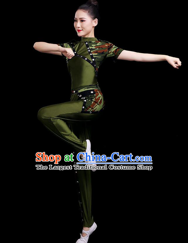 Chinese Female Soldier Dance Costume Modern Dance Green Suit Stage Performance Clothing