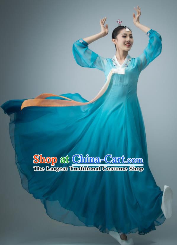 Chinese Women Stage Performance Costume Classical Dance Blue Dress Korean Nationality Dance Clothing