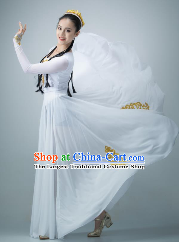 Chinese Uyghur Nationality Women Stage Performance Costume Xinjiang Dance White Dress Ethnic Dance Clothing