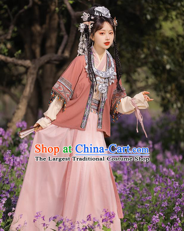China Song Dynasty Young Lady Clothing Ancient Garment Costumes Traditional Miao Ethnic Women Dress Complete Set