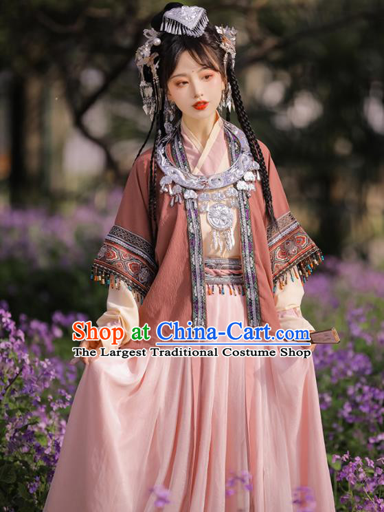 China Song Dynasty Young Lady Clothing Ancient Garment Costumes Traditional Miao Ethnic Women Dress Complete Set