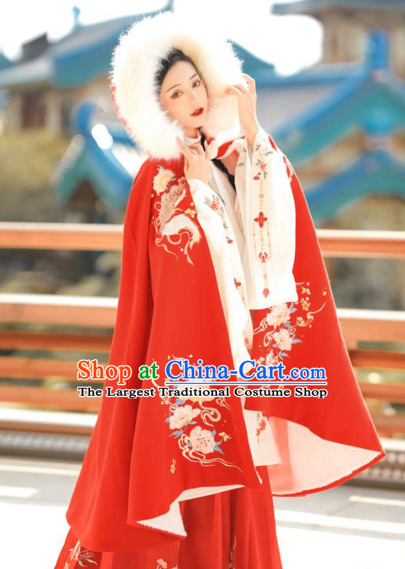 China Ancient Princess Garment Costume Traditional Hanfu Red Woolen Mantle Ming Dynasty Noble Lady Embroidered Cloak Clothing