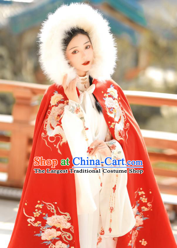 China Ancient Princess Garment Costume Traditional Hanfu Red Woolen Mantle Ming Dynasty Noble Lady Embroidered Cloak Clothing