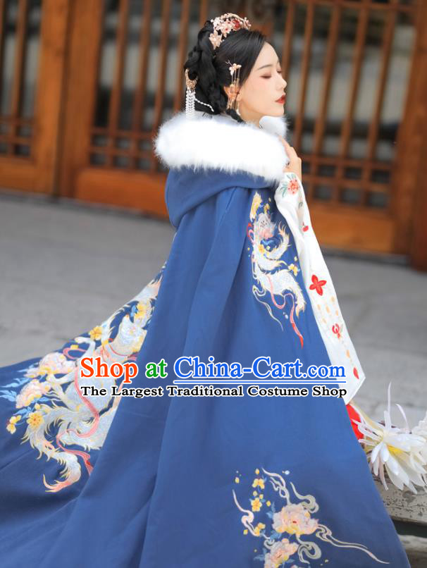 Chinese Ancient Place Lady Clothing Traditional Hanfu Embroidered Blue Mantle Ming Dynasty Princess Cloak Costume