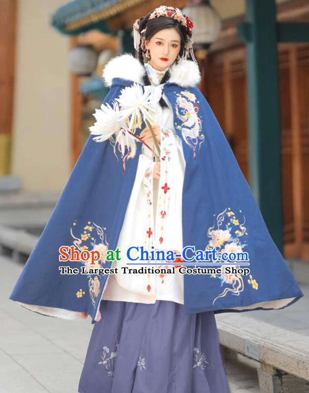 Chinese Ancient Place Lady Clothing Traditional Hanfu Embroidered Blue Mantle Ming Dynasty Princess Cloak Costume