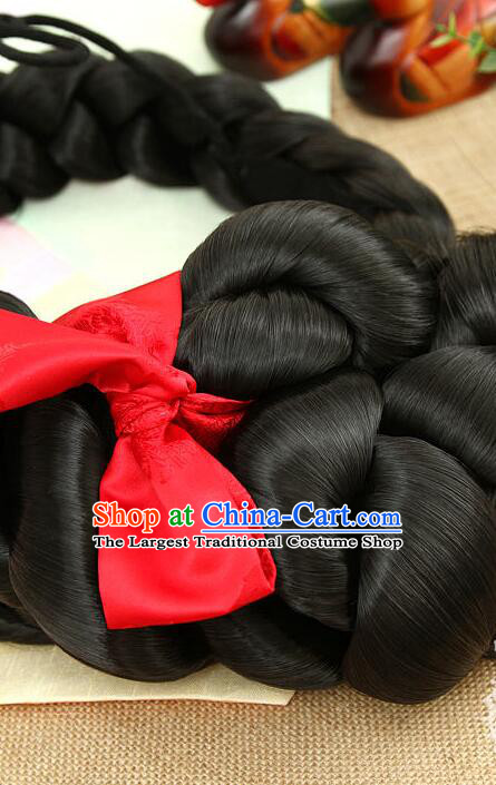 Korean Court Women Headdress Traditional Bride Braid Wig Handmade Hanbok Black Hair Piece